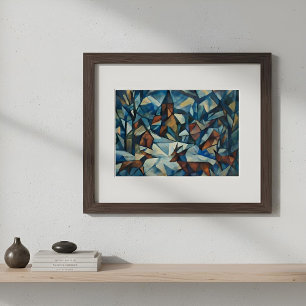 Cubist Expressionist Winter Village Poster