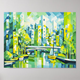 Cubist Green City with Bridge Poster
