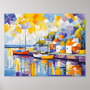 Cubist Harbour Scene with Boats Poster