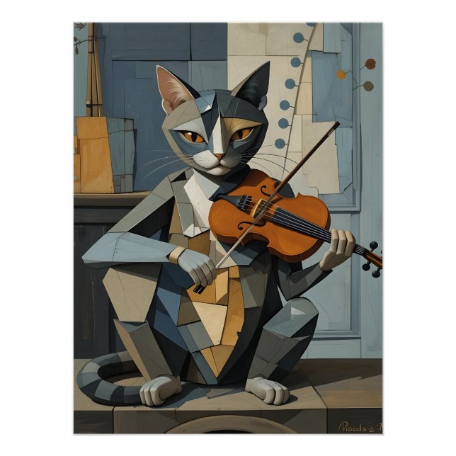 Cubist Harmony: Feline Violinist Poster (Front)