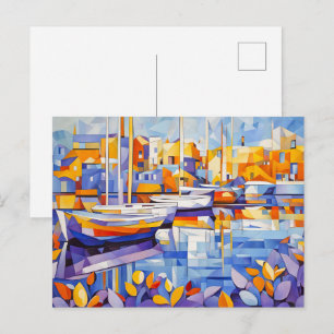 Cubist Marina with Boats and Reflections Postcard
