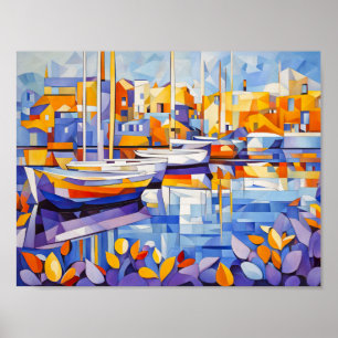 Cubist Marina with Boats and Reflections Poster