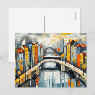 Cubist Snowy Bridge Over Reflected City Postcard