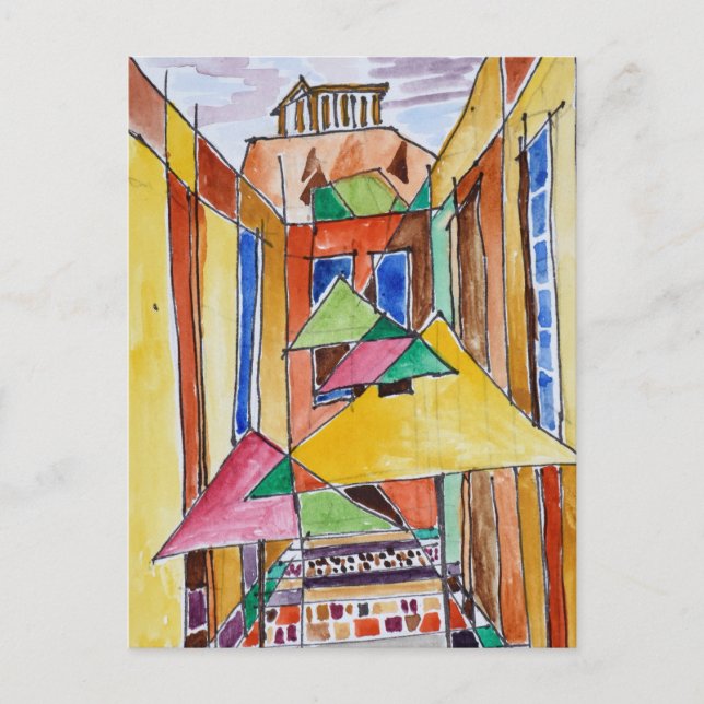Cubist Style Watercolor Plaka | Athens, Greece Postcard (Front)