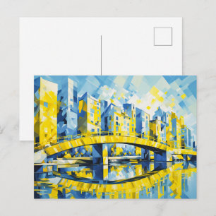 Cubist Yellow Bridge Over River Postcard