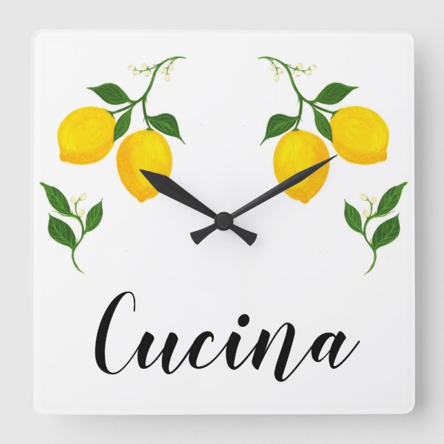 Cucina sign with Lemons and Leave design Square Wall Clock (Front)