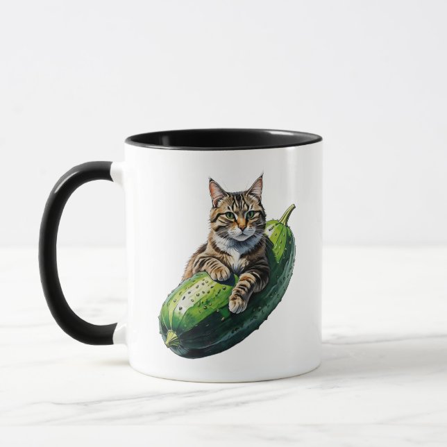 Cucumber Cat Hug – Funny Pet Lover Design Mug (Left)