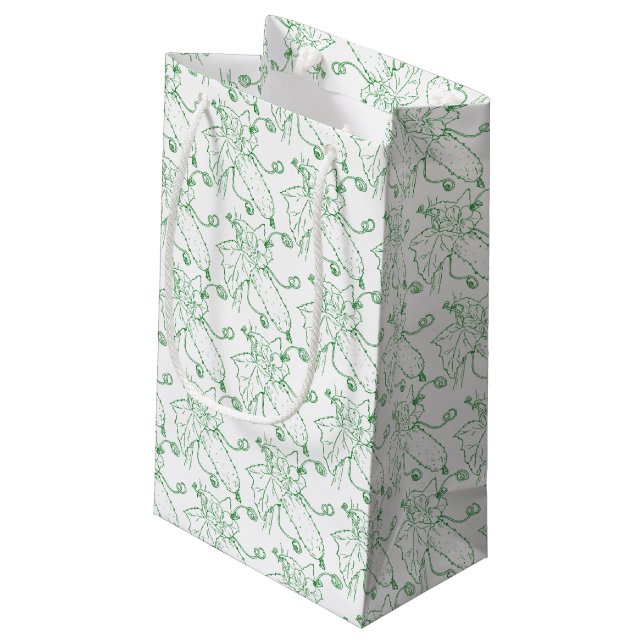 Cucumber line art green and white small gift bag (Back Angled)