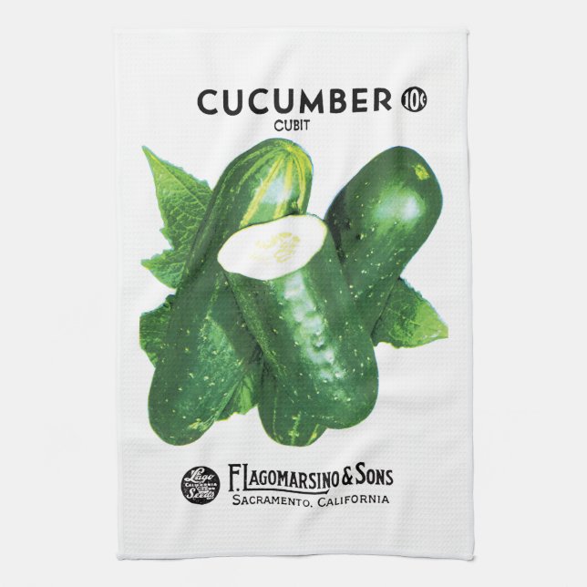 Cucumber Seed Packet Label Tea Towel (Vertical)