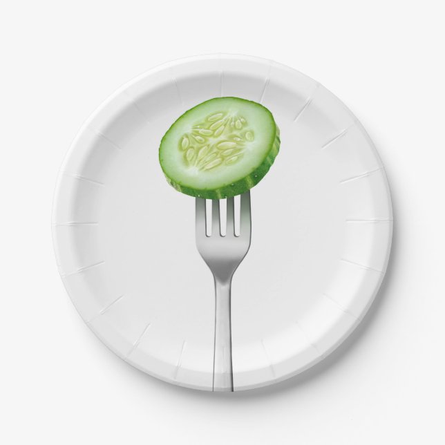 Cucumber slice on a fork paper plate (Front)