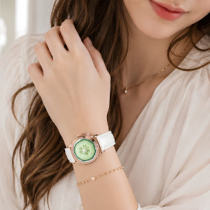 Cucumber Slice Rose Gold White Leather Watch