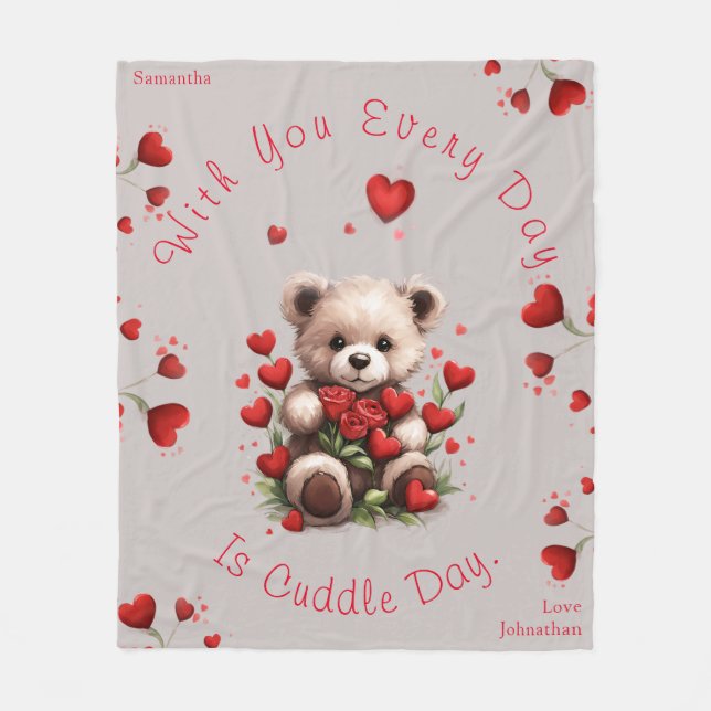 Cuddle Teddy Bear Hearts Roses Valentines Day Fleece Blanket (Front)
