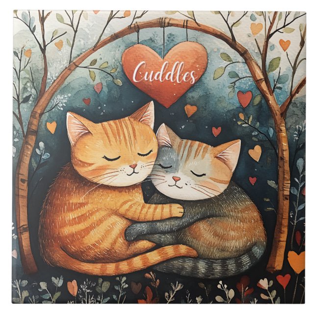 Cuddles Snuggles and Kitty Love Illustration Art Ceramic Tile (Front)