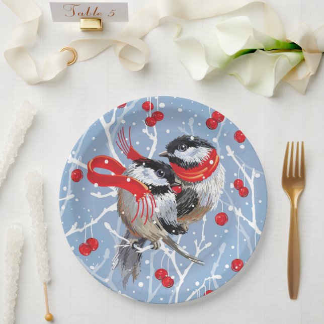 Cuddling Chickadees Christmas | Blue/Red Paper Plate (Wedding)
