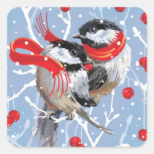 Cuddling Chickadees Christmas Square Sticker