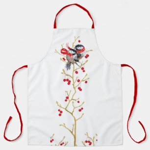 Cuddling Christmas Chickadees Couple Apron