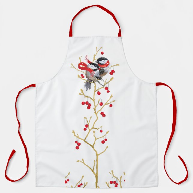 Cuddling Christmas Chickadees Couple Apron (Front)