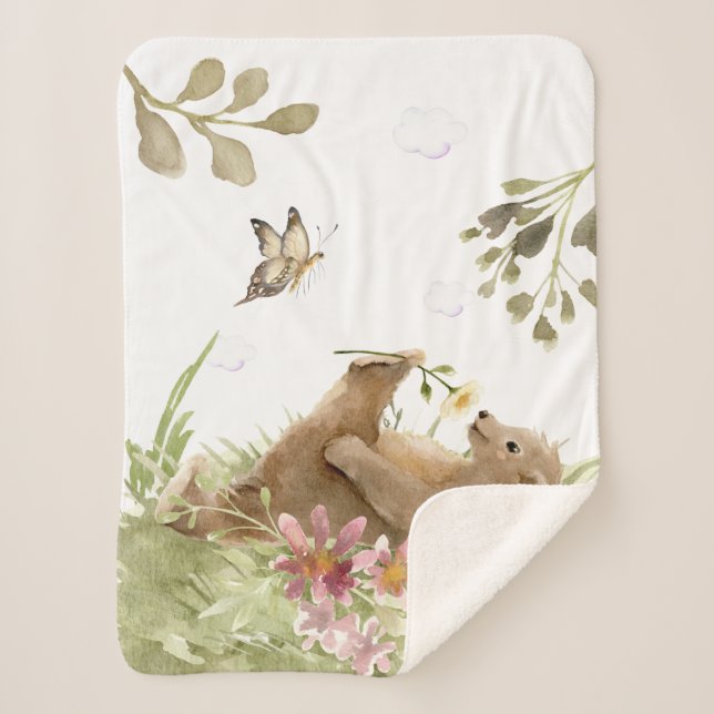*~* Cuddly Bear Relaxing Smelling  Flower in Woods Sherpa Blanket (Front)