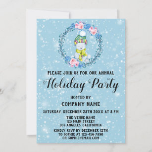Cuddly Bear Wreath Company Holiday Party Blue Snow Invitation