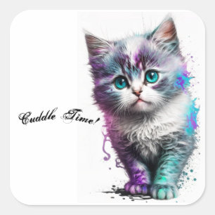 Cuddly Blue-Eyed Kitten Sticker, Watercolor Art, Square Sticker