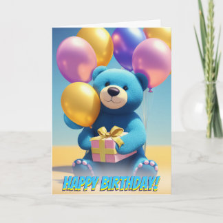 Cuddly Blue Teddy Bear Party Balloons Birthday Card