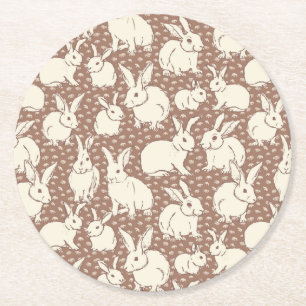 Cuddly Bunny Rabbits Bonanza - Mocha Mousse.   Round Paper Coaster