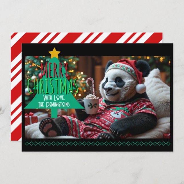 Cuddly Christmas Panda in Pyjamas Personalised Holiday Card (Front/Back)