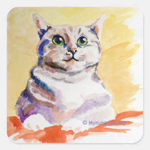 Cuddly cute fluffy green eyed cat square sticker