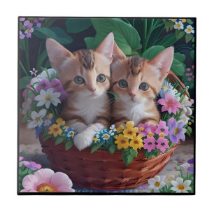 Cuddly Cute Kittens in a Flower Basket Ceramic Tile