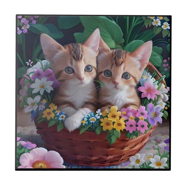 Cuddly Cute Kittens in a Flower Basket Ceramic Tile (Front)
