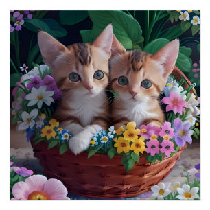 Cuddly Cute Kittens in a Flower Basket Poster