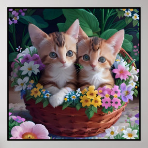 Cuddly Cute Kittens in a Flower Basket Poster