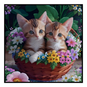 Cuddly Cute Kittens in a Flower Basket Poster