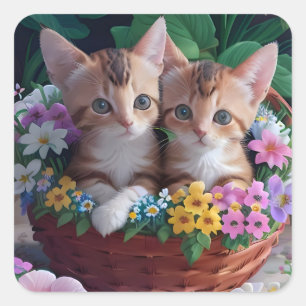 Cuddly Cute Kittens in a Flower Basket Square Sticker