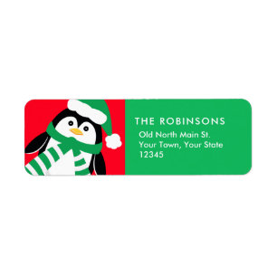 Cuddly Cute Penguin Christmas Red and Green Return Address Label