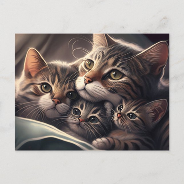 Cuddly Family Feline - Mum cat and Kittens Postcard (Front)