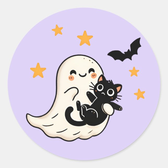 Cuddly Ghost & Black Cat – Halloween Classic Round Sticker (Front)