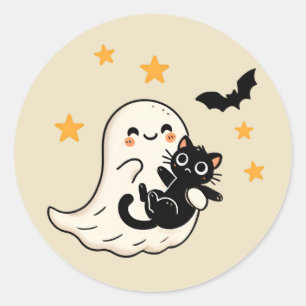 Cuddly Ghost & Black Cat – Halloween Classic Round Sticker