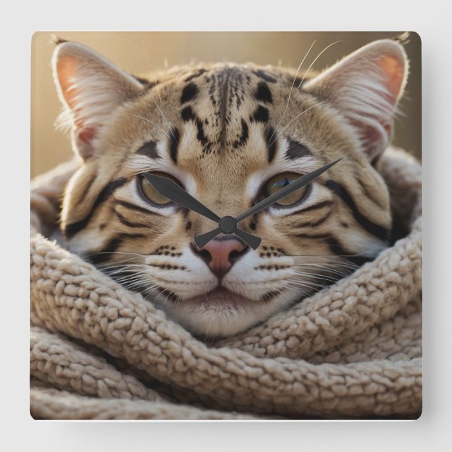 Cuddly Ocelot Cat and Blanket Square Wall Clock (Front)