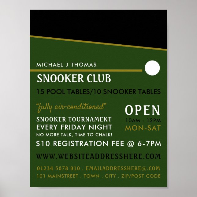 Cue Ball, Pool Club, Snooker Club Advertising Poster (Front)