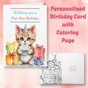 Cue Birthday Cat   Inside Colouring Page Card