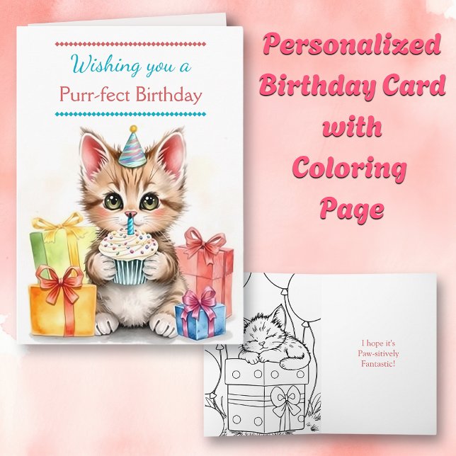 Cue Birthday Cat | Inside Colouring Page Card (Creator Uploaded)