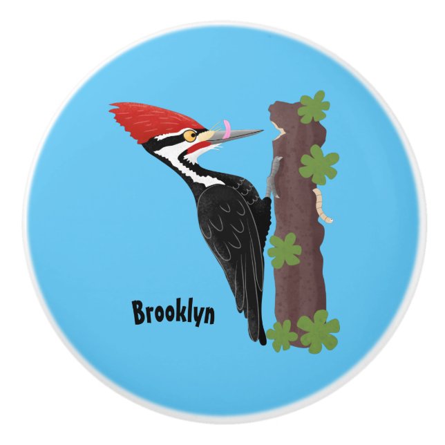 Cue funny Pileated woodpecker cartoon illustration Ceramic Knob (Front)