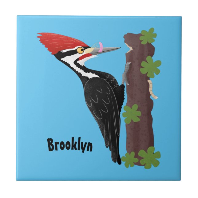 Cue funny Pileated woodpecker cartoon illustration Ceramic Tile (Front)