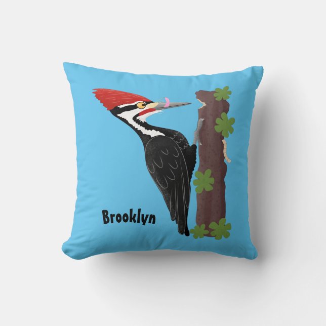 Cue funny Pileated woodpecker cartoon illustration Cushion (Front)