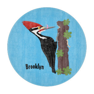 Cue funny Pileated woodpecker cartoon illustration Cutting Board