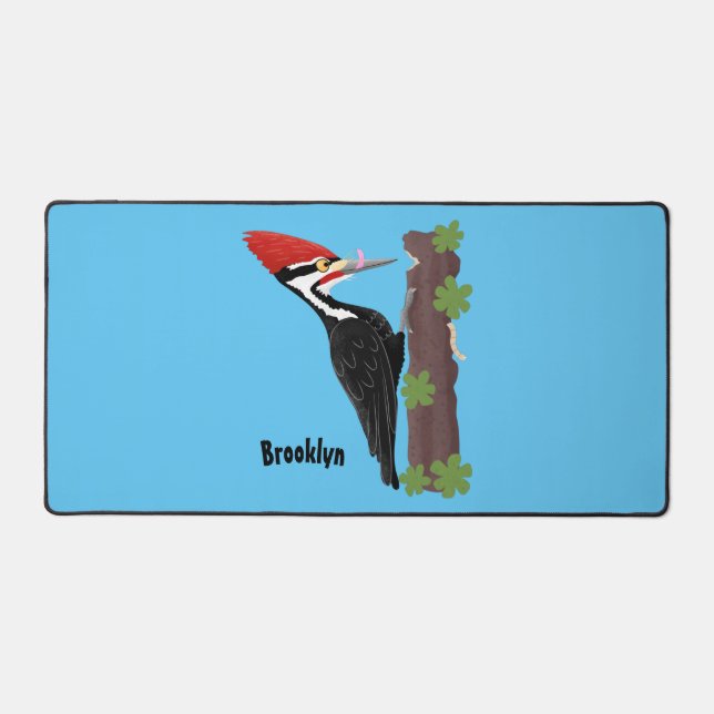 Cue funny Pileated woodpecker cartoon illustration Desk Mat (Front)