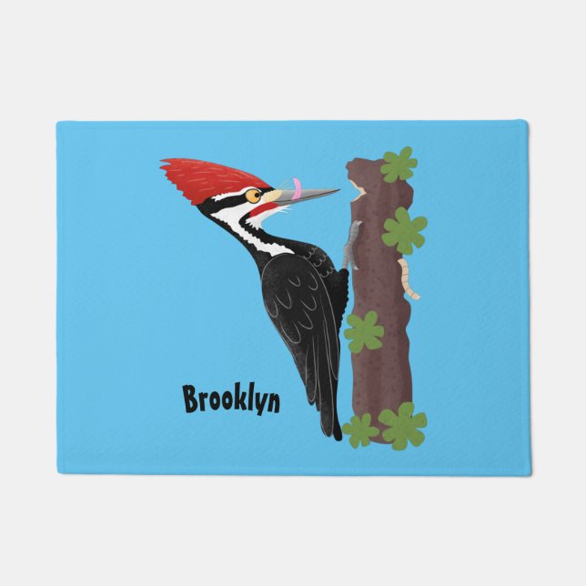 Cue funny Pileated woodpecker cartoon illustration Doormat (Front)
