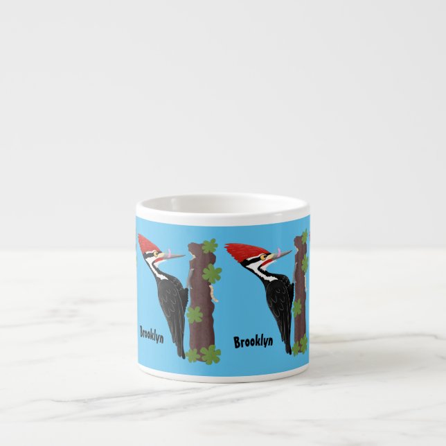 Cue funny Pileated woodpecker cartoon illustration Espresso Cup (Front)