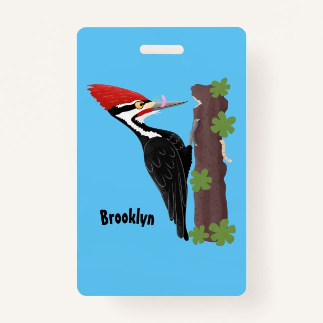Cue funny Pileated woodpecker cartoon illustration ID Badge (Front)